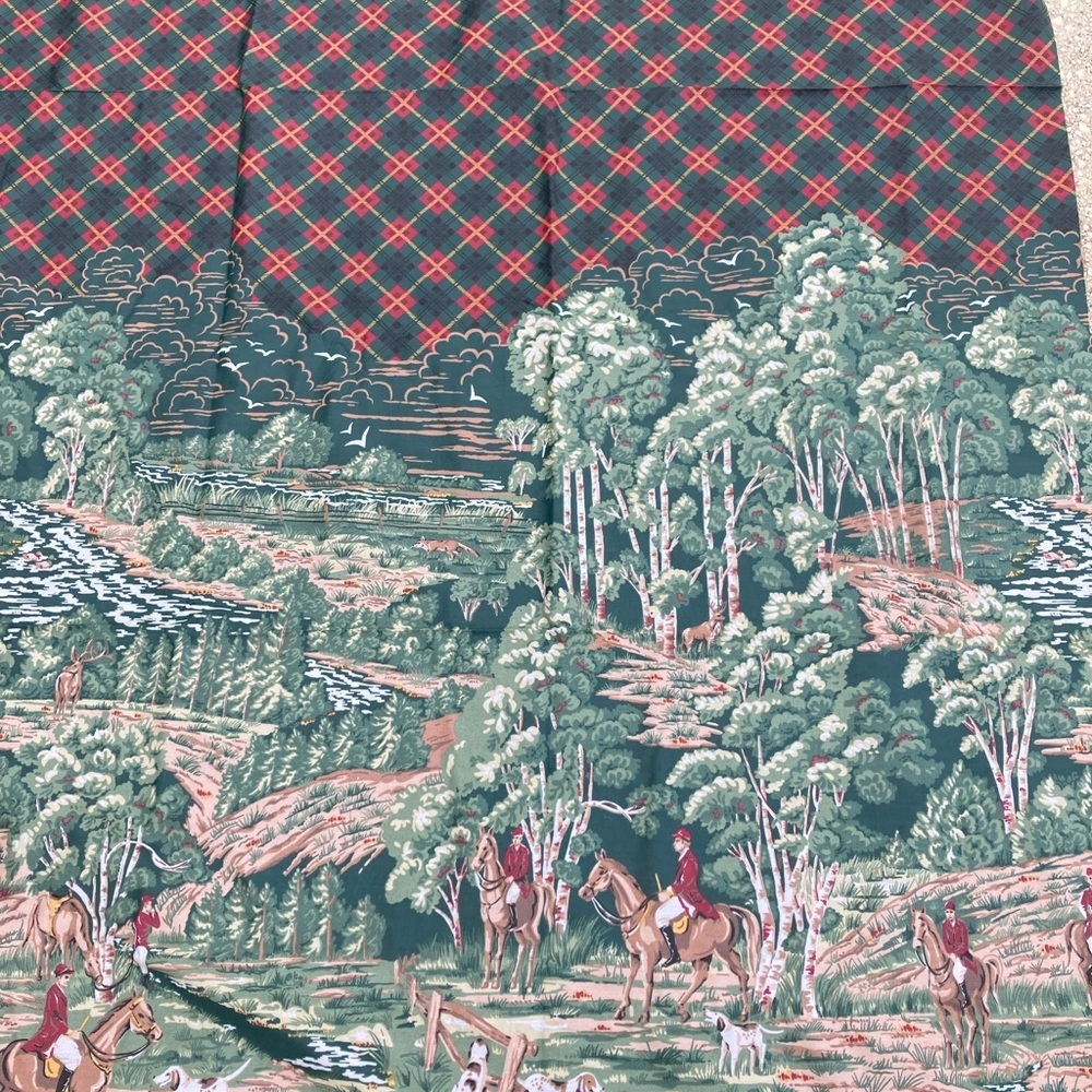 Plaid and Scenic Fabric  - Green and Red horses hunting 84” x 84”